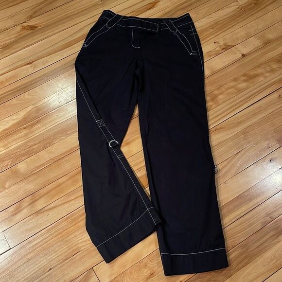Ann Taylor loft black 100% cotton white topstitched sideseam buckle accent capri - Picture 1 of 6